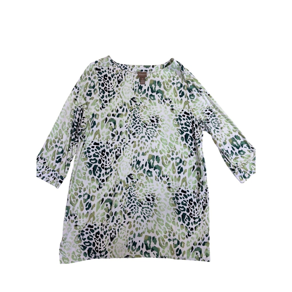 Chicos Green Leopard Print Tunic Top Womens Size XL 3/4 Sleeve Comfort office